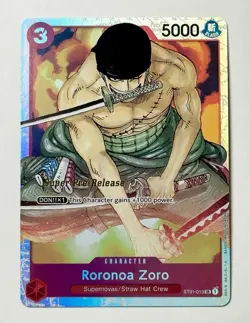 2022 One Piece Roronoa Zoro Super Pre-Release Stamp #ST01-013 English Foil Card - Image 1