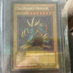2002 Yugioh Tri-Horned Dragon LOB-000 Secret Rare 1st Edition LP/ MP - Image 1