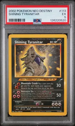 PSA 5 EX Shining Tyranitar Neo Destiny Holo Rare Pokemon Card 113/105 - Image 1