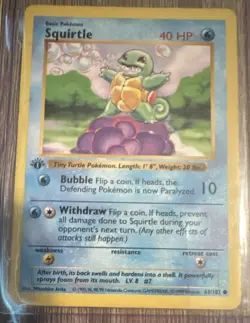 Pokemon TCG Squirtle 063/102 Base Set Shadowless 1st Ed 40 HP Reg C ENG - Image 1
