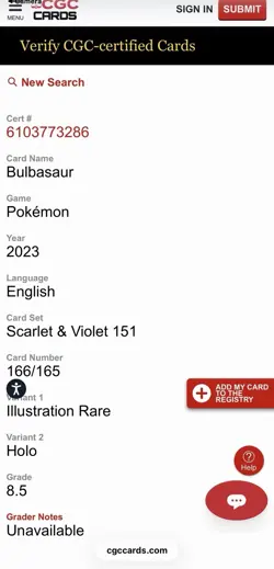 CGC 8.5 NM/Mint+ 151 Bulbasaur 166 Illustration Rare English Pokemon TCG - Image 3