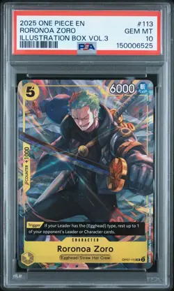 2025 ONE PIECE PROMOS ILLUSTRATION BOX VOL.3 #113 RORONOA ZORO PSA 10 - Image 1