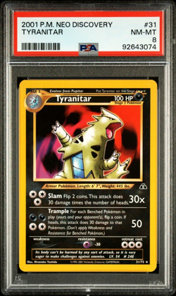 PSA 8 NM to MINT Graded 2001 POKEMON NEO DISCOVERY #31 TYRANITAR Card - Image 1