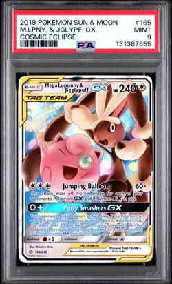 2019 POKEMON SUN & MOON COSMIC ECLIPSE #165 MEGA LOPUNNY & JIGGLYPUFF GX PSA 9 - Image 1