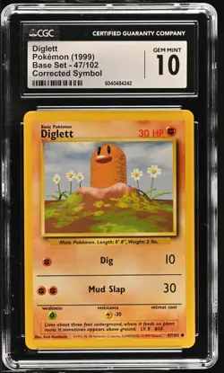 CGC 10 GEM MINT Diglett 1999 Base Set 47/102 Corrected Symbol Pokemon Card - Image 1