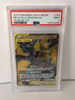 2019 POKEMON SUN & MOON TEAM UP #162 FULL ART/PIKACHU & ZEKROM GX PSA 9 - Image 1