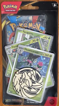 POKEMON TCG MEGA EVOLUTION BOOSTER PACK, 3 PROMO CARDS MEOWSCARADA, FLORAGATO - Image 1