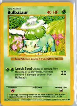 Bulbasaur 44/102 Common Base Set Shadowless Pokemon Moderately Played - Image 1