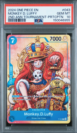 PSA 10 Monkey D. Luffy P-043 Promo 2nd Anniversary Stamped One Piece TCG English - Image 1