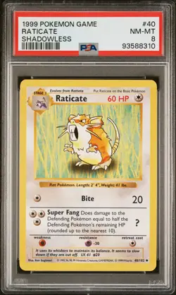 Raticate #40 1999 Pokemon Game Shadowless PSA 8 250001 - Image 1