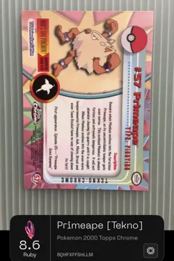 2000 Topps Chrome Pokemon Primeape #57 - TEKNO - DGC AI 9+ Possible PSA 10 - Image 2