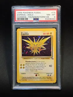 Pokemon 1999 Fossil Zapdos 15/62 Swirl Cosmos Holo Thunderstorm Deck PSA 8 NM-MT - Image 1