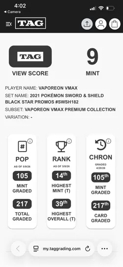 2021 Pokemon SWSH Vaporeon VMAX BSP #SWSH182 Vaporeon VMAX Alternate Art TAG 9 - Image 3