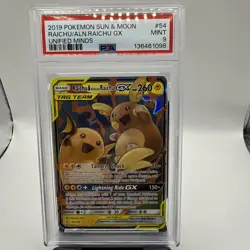 2019 POKEMON SUN & MOON UNIFIED MINDS #54 RAICHU & ALOLAN RAICHU GX PSA 9 - Image 1