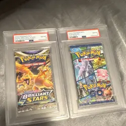 Pokemon 2022 Brilliant Stars Charizard & Pokemon GO Foil PSA Mewtwo Graded Packs - Image 2