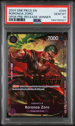 One Piece Roronoa Zoro OP06 Pre-Release Winner Promo P-045 English PSA 10 - Image 1