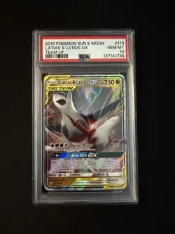 PSA 10 LATIAS & LATIOS GX 113 TEAM UP SUN & MOON TAG TEAM POKEMON GEM MINT - Image 1