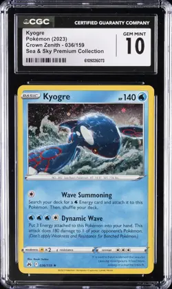 2023 POKEMON CROWN ZENITH SEA & SKY PREM COLL #036/159 KYOGRE CGC 10 GEM MINT - Image 1