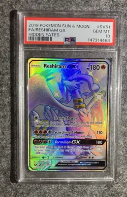 Pokemon TCG PSA 10. Reshiram GX Hidden Fates Shiny Vault Holo Rare Card SV51 - Image 1