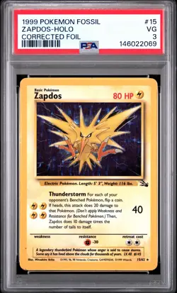 1999 POKEMON FOSSIL CORRECTED FOIL #15 ZAPDOS-HOLO PSA 3 - Image 1