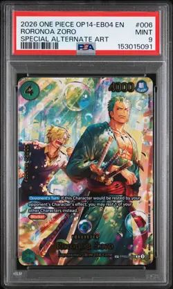 2026 ONE PIECE THE AZURE SEA'S SEVEN SPECIAL ALT ART #006 RORONOA ZORO PSA 9 - Image 1