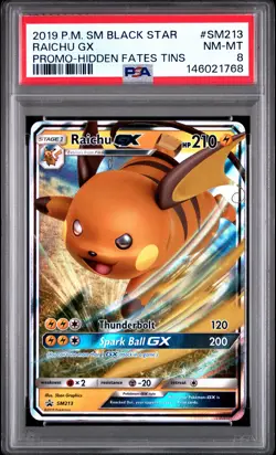 2019 POKEMON SM BLACK STAR PROMO HIDDEN FATES TINS #SM213 RAICHU GX PSA 8 - Image 1
