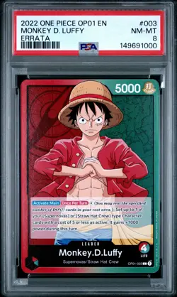 2022 ONE PIECE OP01-ROMANCE DAWN ERRATA #003 MONKEY D. LUFFY PSA 8 - Image 1