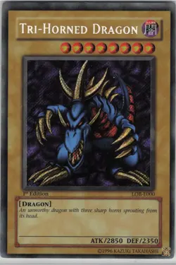 Yugioh Tri-Horned Dragon LOB-E000 Secret Rare 1st Edition LP - Image 1