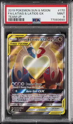 2019 POKEMON SUN & MOON TEAM UP #170 FULL ART/LATIAS & LATIOS GX PSA 9 - Image 1