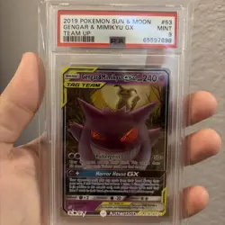2019 POKEMON SUN & MOON TEAM UP #53 GENGAR & MIMIKYU GX PSA 9 - Image 1