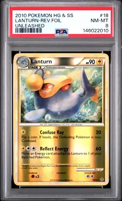 2010 POKEMON HEARTGOLD & SOULSILVER UNLEASHED #18 LANTURN-REVERSE FOIL PSA 8 - Image 1