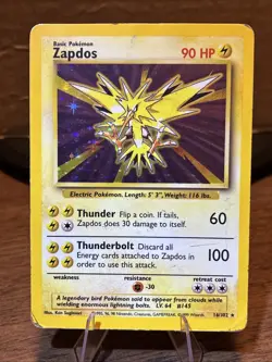 1999 Pokemon TCG Base Set Zapdos Holo Rare Card 16/102 HP Unlimited - Image 1