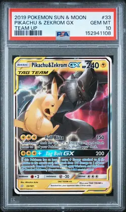 2019 POKEMON SUN & MOON TEAM UP #33 PIKACHU & ZEKROM GX PSA 10 - Image 1