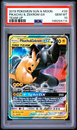 2019 POKEMON SUN & MOON TEAM UP #33 PIKACHU & ZEKROM GX PSA 10 - Image 1