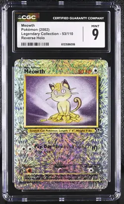 CGC 9 MINT Meowth 2002 Legendary (Collection) 53/110 Reverse Holo Pokemon Card - Image 1