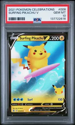2021 POKEMON CELEBRATIONS #008 SURFING PIKACHU V PSA 10 - Image 1