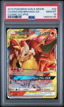 Charizard & Braixen GX 22/236 PSA 10 Cosmic Eclipse Tag Team 2019 Pokemon Card - Image 1