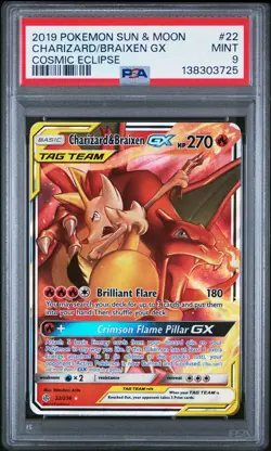 2019 POKEMON SUN & MOON COSMIC ECLIPSE #22 CHARIZARD & BRAIXEN GX PSA 9 - Image 1