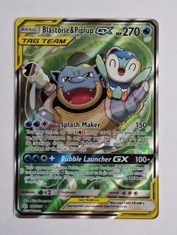 Pokemon Blastoise & Piplup GX TAG TEAM Holo Full Art 215/236 Cosmic Eclipse Card - Image 1