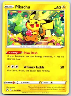 Pikachu 052/196 Common Lost Origin Pokemon Near Mint - Image 1