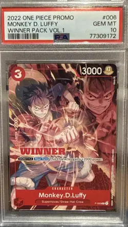 WINNER MONKEY D. LUFFY P-006 Tournament Pack Vol.1 PSA 10 GEM MINT One Piece TCG - Image 1
