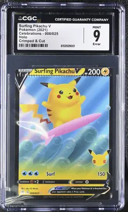 CGC 9 Surfing Pikachu V 008/025 Celebrations Crimped & Cut Error Holo Pokemon - Image 1