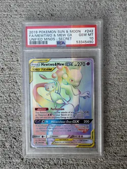 2019 Pokemon Unified Minds MEWTWO & MEW GX Rainbow Secret Rare #242 PSA 10 - Image 1