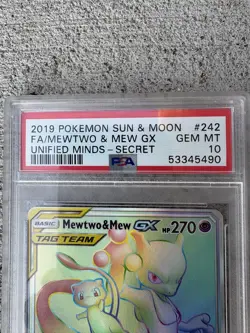 2019 Pokemon Unified Minds MEWTWO & MEW GX Rainbow Secret Rare #242 PSA 10 - Image 2
