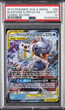 2019 POKEMON SUN & MOON COSMIC ECLIPSE #38 BLASTOISE & PIPLUP GX PSA 10 - Image 1