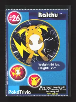 Pokemon 1999 Poke Trivia Burger King #26 Perforated Raichu - Image 1