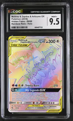 CGC 9.5 Moltres & Zapdos & Articuno GX Hidden Fates 69/68 Rainbow Pokemon Card - Image 1