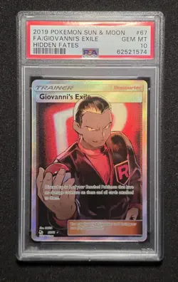 POKEMON SUN & MOON HIDDEN FATES #67 FULL ART/GIOVANNI'S EXILE PSA 10 TRAINER - Image 1