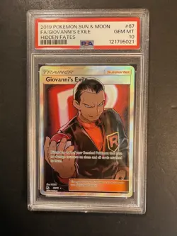 POKEMON SUN & MOON HIDDEN FATES #67 FULL ART/GIOVANNI'S EXILE PSA 10 TRAINER - Image 1