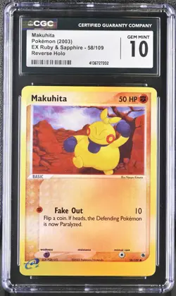CGC 10 GEM MINT Makuhita EX Ruby & Sapphire 58/109 Reverse Holo Pokemon Pop 5 - Image 1